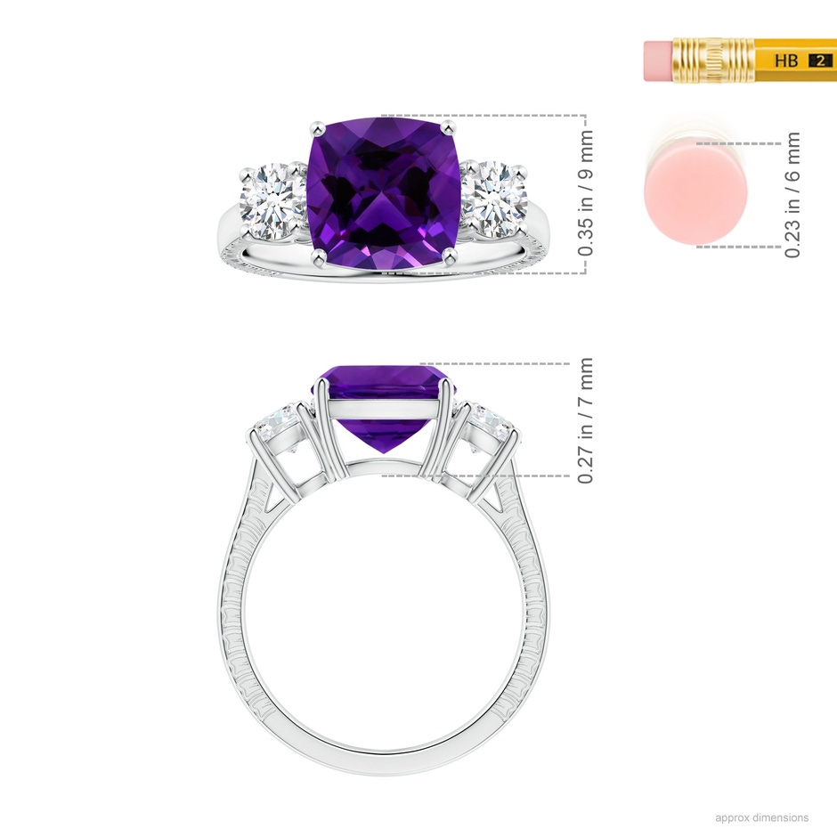 9.05x9.01x5.66mm AAAA GIA Certified Cushion Amethyst Three Stone Ring with Feather Motifs in 18K White Gold ruler