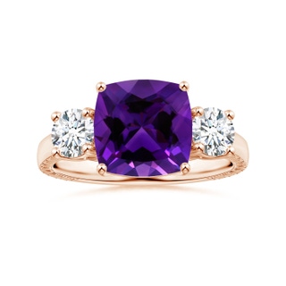 9.05x9.01x5.66mm AAAA GIA Certified Cushion Amethyst Three Stone Ring with Feather Motifs in Rose Gold