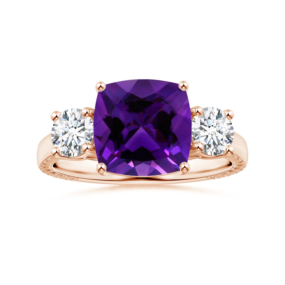9.05x9.01x5.66mm AAAA GIA Certified Cushion Amethyst Three Stone Ring with Feather Motifs in Rose Gold 