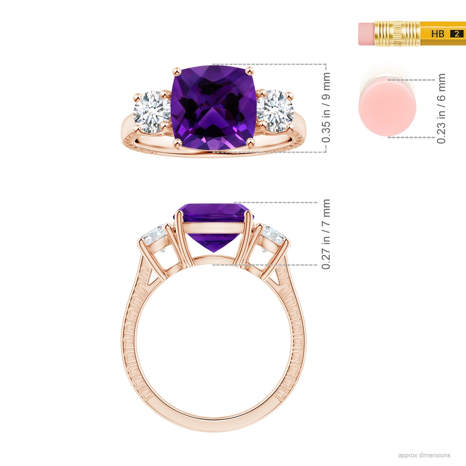 9.05x9.01x5.66mm AAAA GIA Certified Cushion Amethyst Three Stone Ring with Feather Motifs in Rose Gold ruler