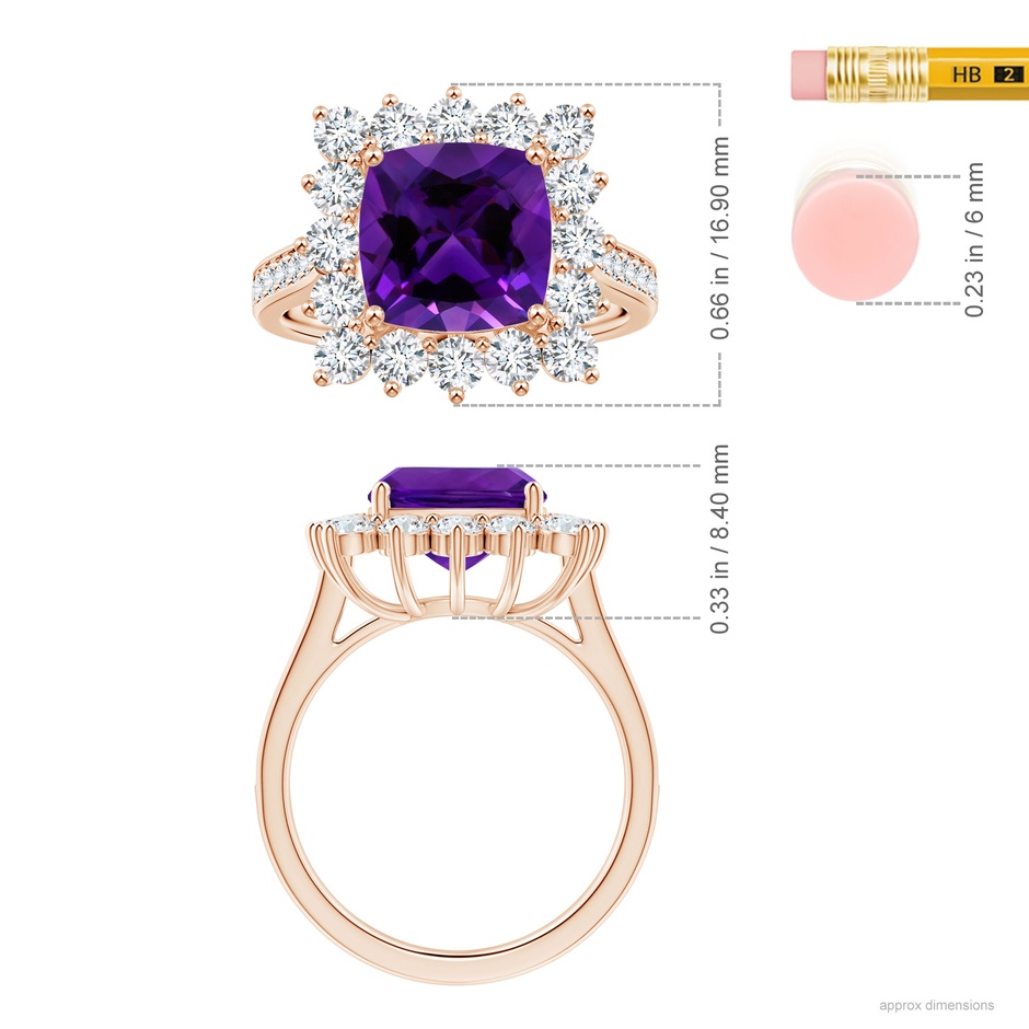 9.05x9.01x5.66mm AAAA Princess Diana Inspired GIA Certified Cushion Amethyst Ring with Halo in Rose Gold ruler