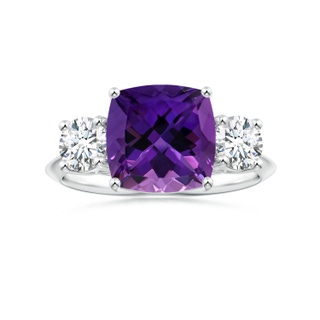 9.18x9.15x6.18mm AAA Three Stone GIA Certified Cushion Amethyst Knife-Edge Ring with Diamonds in P950 Platinum