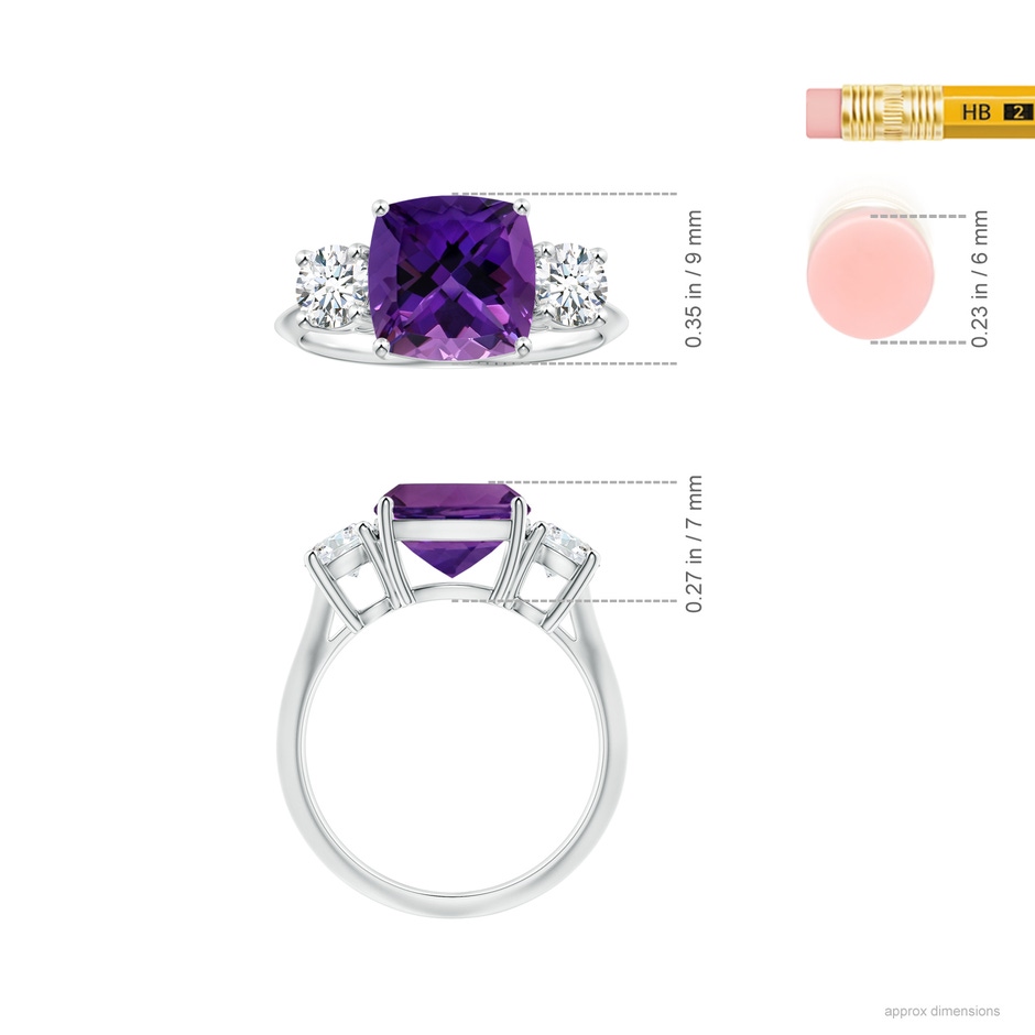 9.18x9.15x6.18mm AAA Three Stone GIA Certified Cushion Amethyst Knife-Edge Ring with Diamonds in P950 Platinum ruler