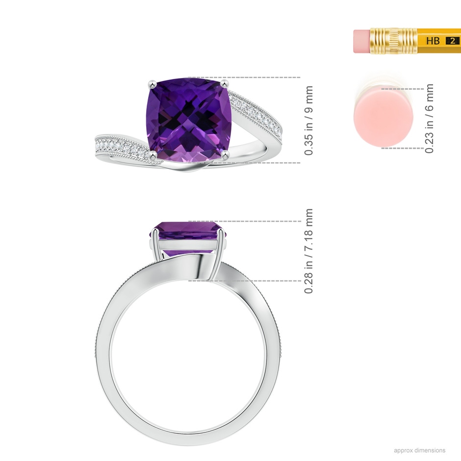 9.18x9.15x6.18mm AAA Prong-Set GIA Certified Cushion Amethyst Bypass Ring with Milgrain in P950 Platinum ruler