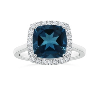 9.14x9.1x5.38mm AAA GIA Certified Cushion London Blue Topaz Reverse Tapered Shank Ring with Halo in P950 Platinum