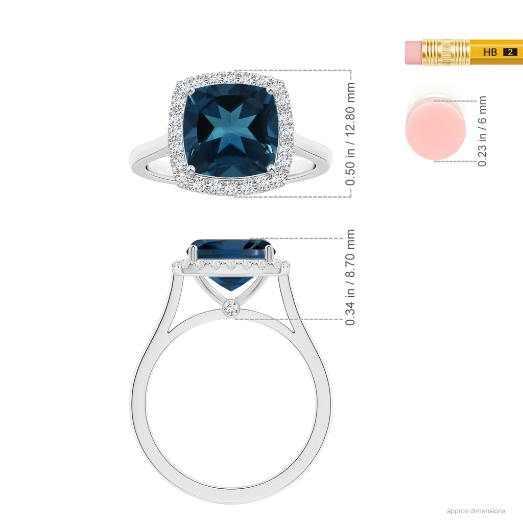 9.14x9.1x5.38mm AAA GIA Certified Cushion London Blue Topaz Reverse Tapered Shank Ring with Halo in P950 Platinum ruler