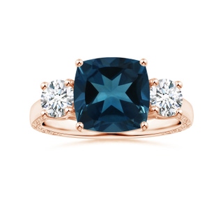 9.14x9.1x5.38mm AAA Three Stone GIA Certified Cushion London Blue Topaz Scroll Ring with Diamonds in 10K Rose Gold