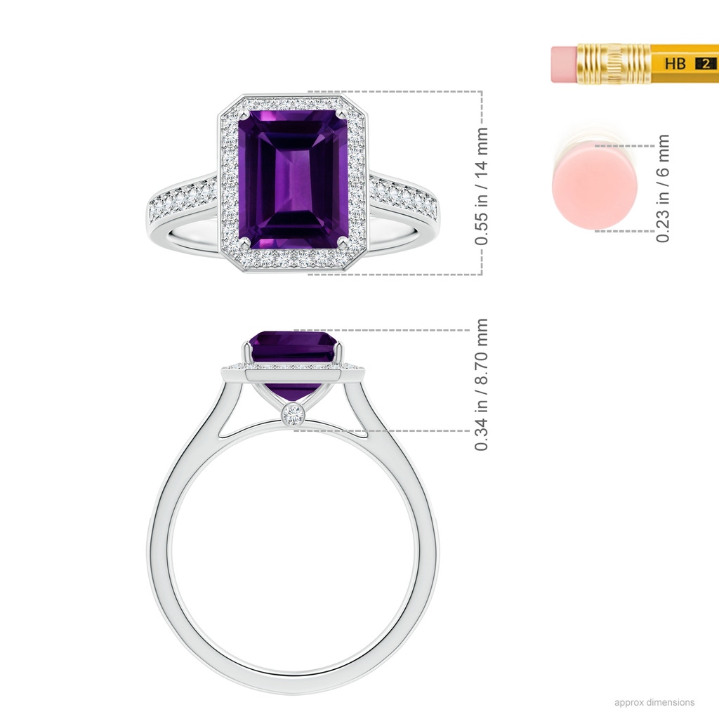 10.06x8.13x5.01mm AAA GIA Certified Emerald-Cut Amethyst Ring with Diamond Halo in White Gold ruler