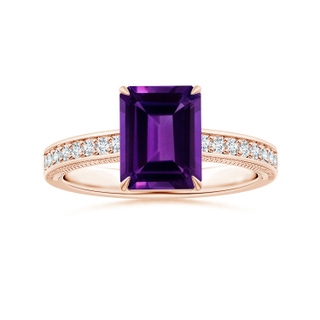 10.06x8.13x5.01mm AAA Claw-Set GIA Certified Emerald-Cut Amethyst Leaf Ring with Diamonds in 10K Rose Gold