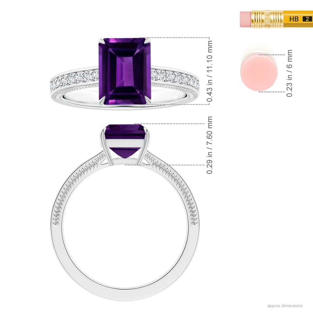 10.06x8.13x5.01mm AAA Claw-Set GIA Certified Emerald-Cut Amethyst Leaf Ring with Diamonds in 18K White Gold ruler