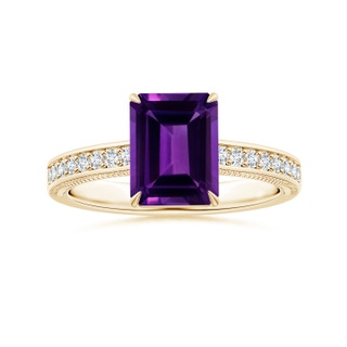 10.06x8.13x5.01mm AAA Claw-Set GIA Certified Emerald-Cut Amethyst Leaf Ring with Diamonds in 9K Yellow Gold