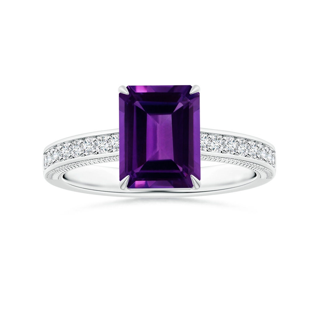 10.06x8.13x5.01mm AAA Claw-Set GIA Certified Emerald-Cut Amethyst Leaf Ring with Diamonds in White Gold 