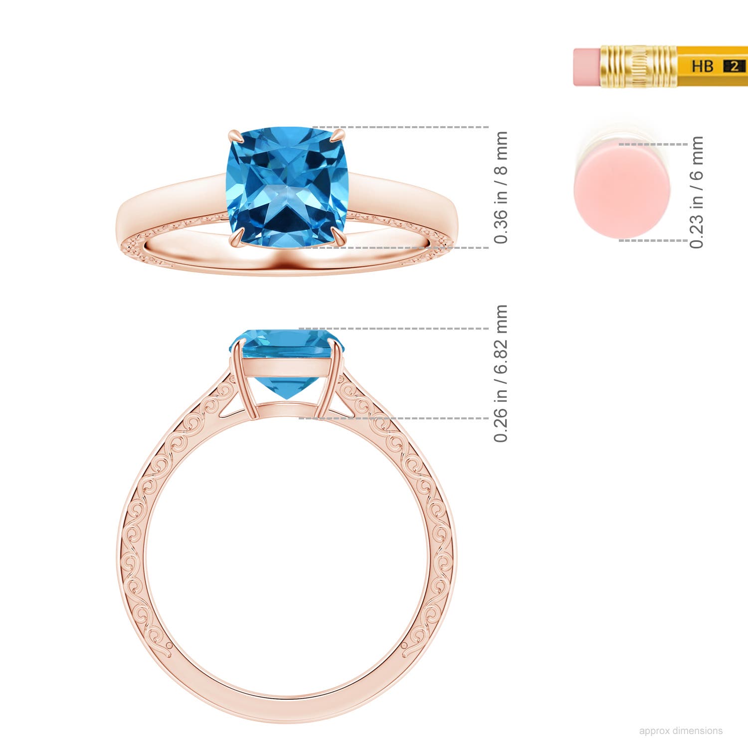 8.10x8.04x5.36mm AAAA Claw-Set GIA Certified Solitaire Cushion Swiss Blue Topaz Ring with Scrollwork in 18K Rose Gold - ruler