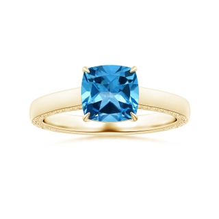 8.10x8.04x5.36mm AAAA Claw-Set GIA Certified Solitaire Cushion Swiss Blue Topaz Ring with Scrollwork in 18K Yellow Gold
