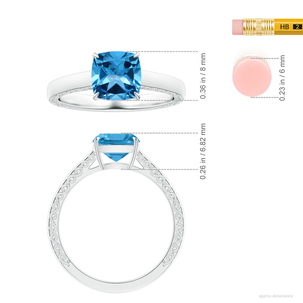 8.10x8.04x5.36mm AAAA Claw-Set GIA Certified Solitaire Cushion Swiss Blue Topaz Ring with Scrollwork in P950 Platinum ruler
