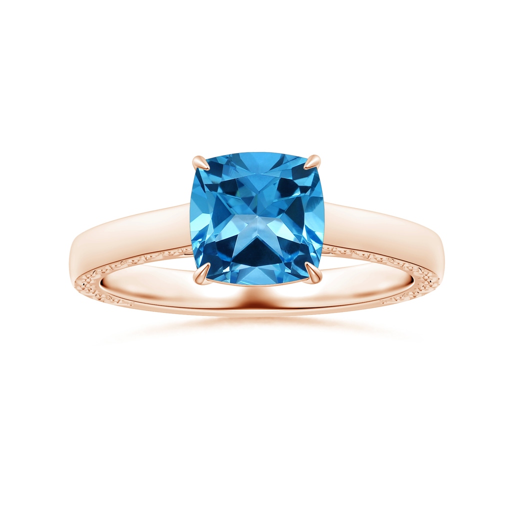 8.10x8.04x5.36mm AAAA Claw-Set GIA Certified Solitaire Cushion Swiss Blue Topaz Ring with Scrollwork in Rose Gold