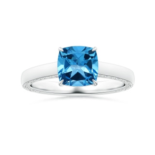 8.10x8.04x5.36mm AAAA Claw-Set GIA Certified Solitaire Cushion Swiss Blue Topaz Ring with Scrollwork in White Gold