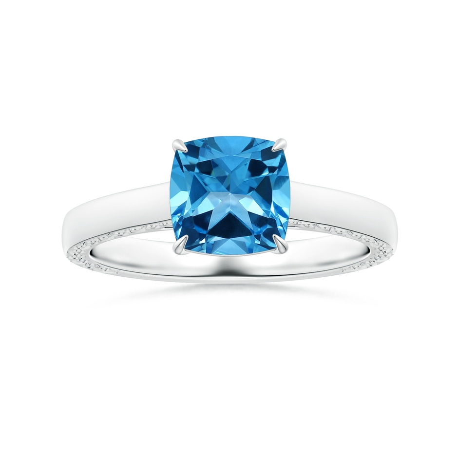 8.10x8.04x5.36mm AAAA Claw-Set GIA Certified Solitaire Cushion Swiss Blue Topaz Ring with Scrollwork in White Gold 