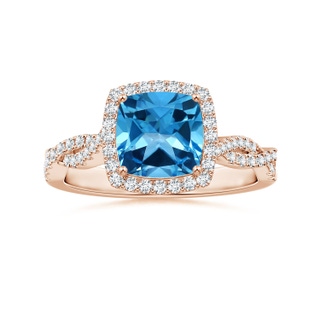 8.10x8.04x5.36mm AAAA GIA Certified Cushion Swiss Blue Topaz Halo Ring with Diamond Twist Shank in 10K Rose Gold