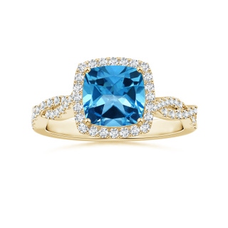 8.10x8.04x5.36mm AAAA GIA Certified Cushion Swiss Blue Topaz Halo Ring with Diamond Twist Shank in 10K Yellow Gold