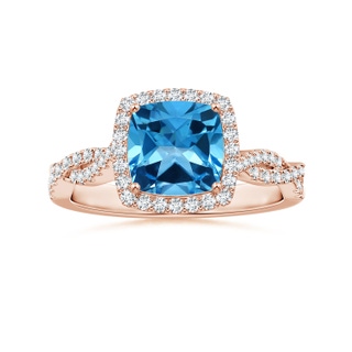 8.10x8.04x5.36mm AAAA GIA Certified Cushion Swiss Blue Topaz Halo Ring with Diamond Twist Shank in 18K Rose Gold