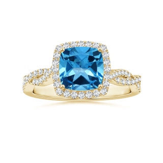 8.10x8.04x5.36mm AAAA GIA Certified Cushion Swiss Blue Topaz Halo Ring with Diamond Twist Shank in 18K Yellow Gold
