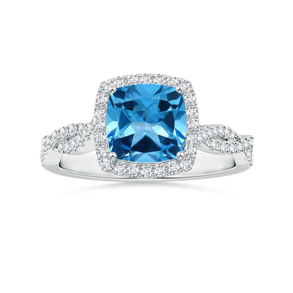 8.10x8.04x5.36mm AAAA GIA Certified Cushion Swiss Blue Topaz Halo Ring with Diamond Twist Shank in White Gold