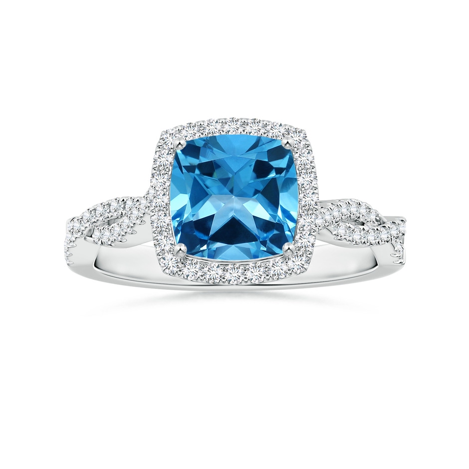 8.10x8.04x5.36mm AAAA GIA Certified Cushion Swiss Blue Topaz Halo Ring with Diamond Twist Shank in White Gold 