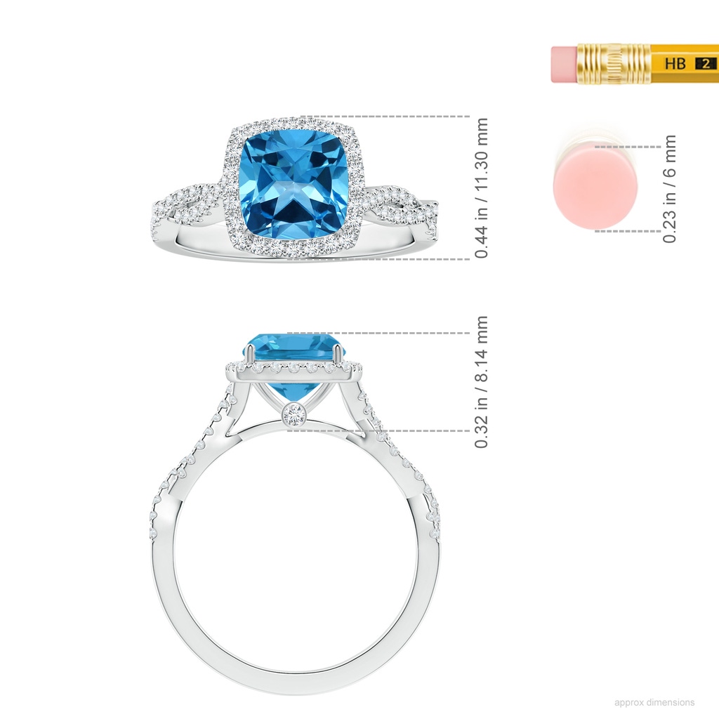 8.10x8.04x5.36mm AAAA GIA Certified Cushion Swiss Blue Topaz Halo Ring with Diamond Twist Shank in White Gold ruler