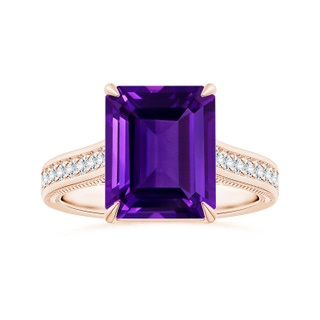 10.92x8.96x5.89mm AAAA Claw-Set Emerald-Cut Amethyst Leaf Ring with Diamonds in 10K Rose Gold