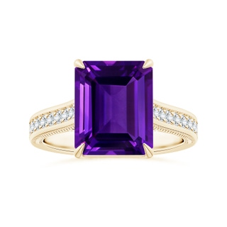 10.92x8.96x5.89mm AAAA Claw-Set Emerald-Cut Amethyst Leaf Ring with Diamonds in 10K Yellow Gold