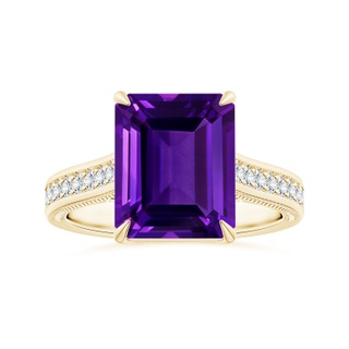 10.92x8.96x5.89mm AAAA Claw-Set Emerald-Cut Amethyst Leaf Ring with Diamonds in 18K Yellow Gold