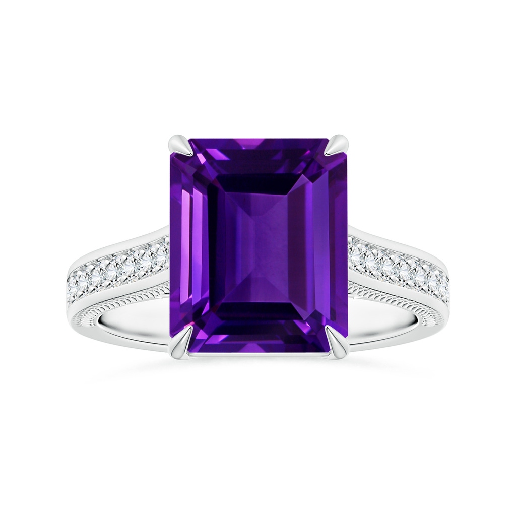 10.92x8.96x5.89mm AAAA Claw-Set Emerald-Cut Amethyst Leaf Ring with Diamonds in White Gold 