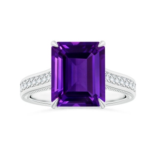 10.92x8.96x5.89mm AAAA Claw-Set Emerald-Cut Amethyst Leaf Ring with Diamonds in White Gold