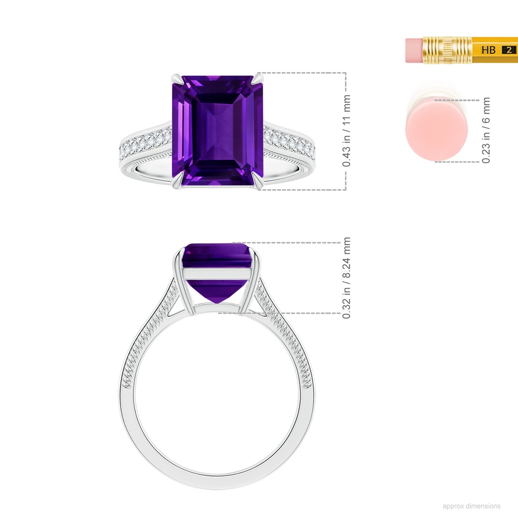 10.92x8.96x5.89mm AAAA Claw-Set Emerald-Cut Amethyst Leaf Ring with Diamonds in White Gold ruler