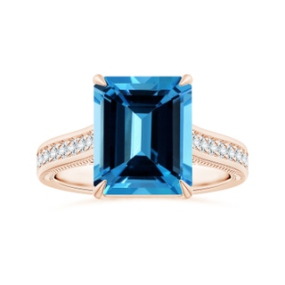 10.81x8.90x5.59mm AAA Claw-Set GIA Certified Emerald-Cut Swiss Blue Topaz Ring with Diamonds in 10K Rose Gold