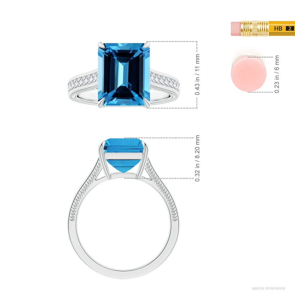 10.81x8.90x5.59mm AAA Claw-Set GIA Certified Emerald-Cut Swiss Blue Topaz Ring with Diamonds in 18K White Gold ruler