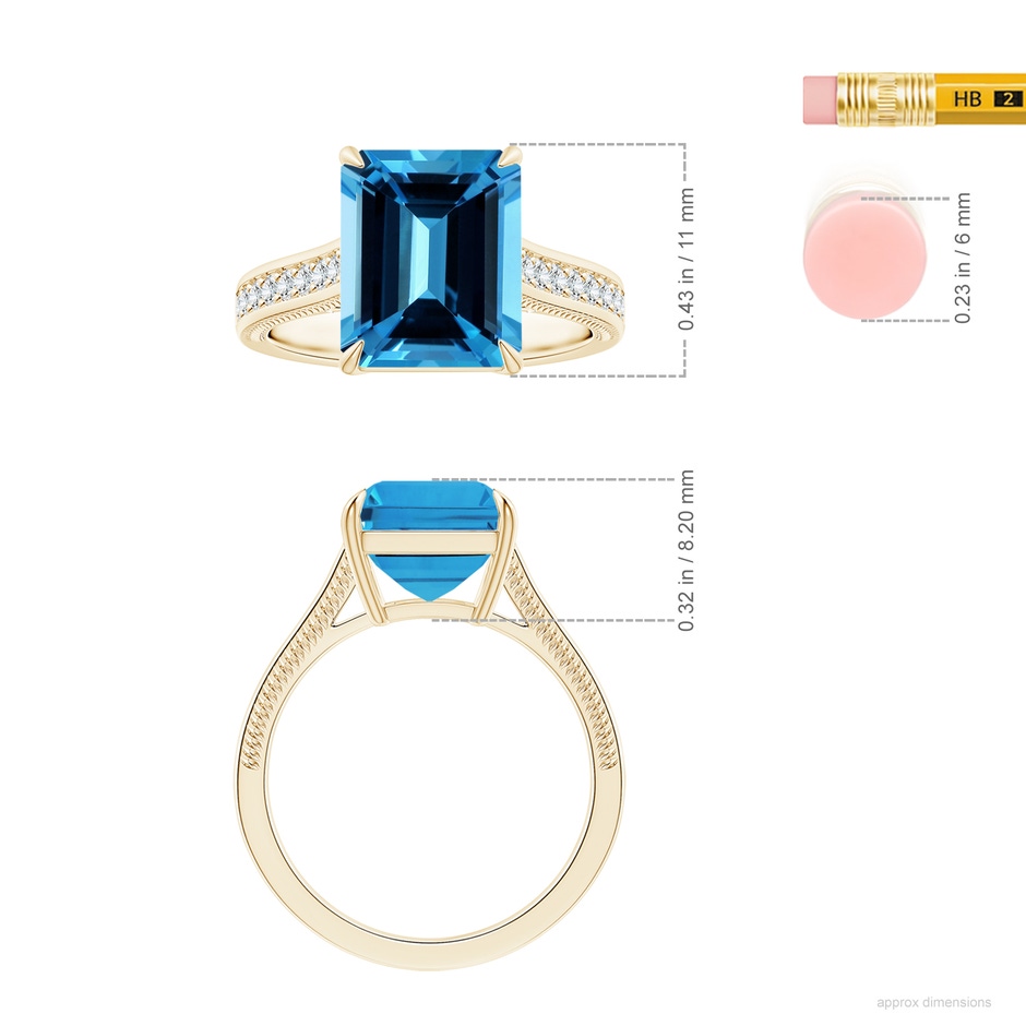 10.81x8.90x5.59mm AAA Claw-Set GIA Certified Emerald-Cut Swiss Blue Topaz Ring with Diamonds in Yellow Gold ruler