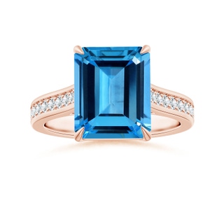 10.93x8.96x5.42mm AAA Claw-Set GIA Certified Emerald-Cut Swiss Blue Topaz Ring with Diamonds in 18K Rose Gold