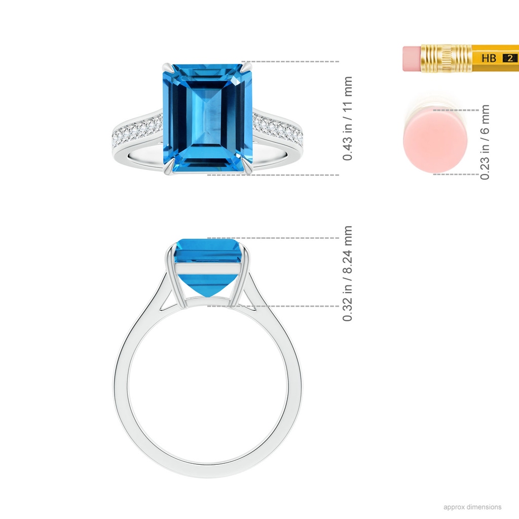 10.93x8.96x5.42mm AAA Claw-Set GIA Certified Emerald-Cut Swiss Blue Topaz Ring with Diamonds in White Gold ruler
