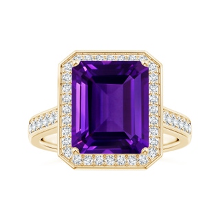 10.92x8.96x5.89mm AAAA Emerald-Cut GIA Certified Amethyst Halo Ring with Diamonds in 10K Yellow Gold