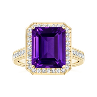 10.92x8.96x5.89mm AAAA Emerald-Cut GIA Certified Amethyst Halo Ring with Diamonds in 18K Yellow Gold