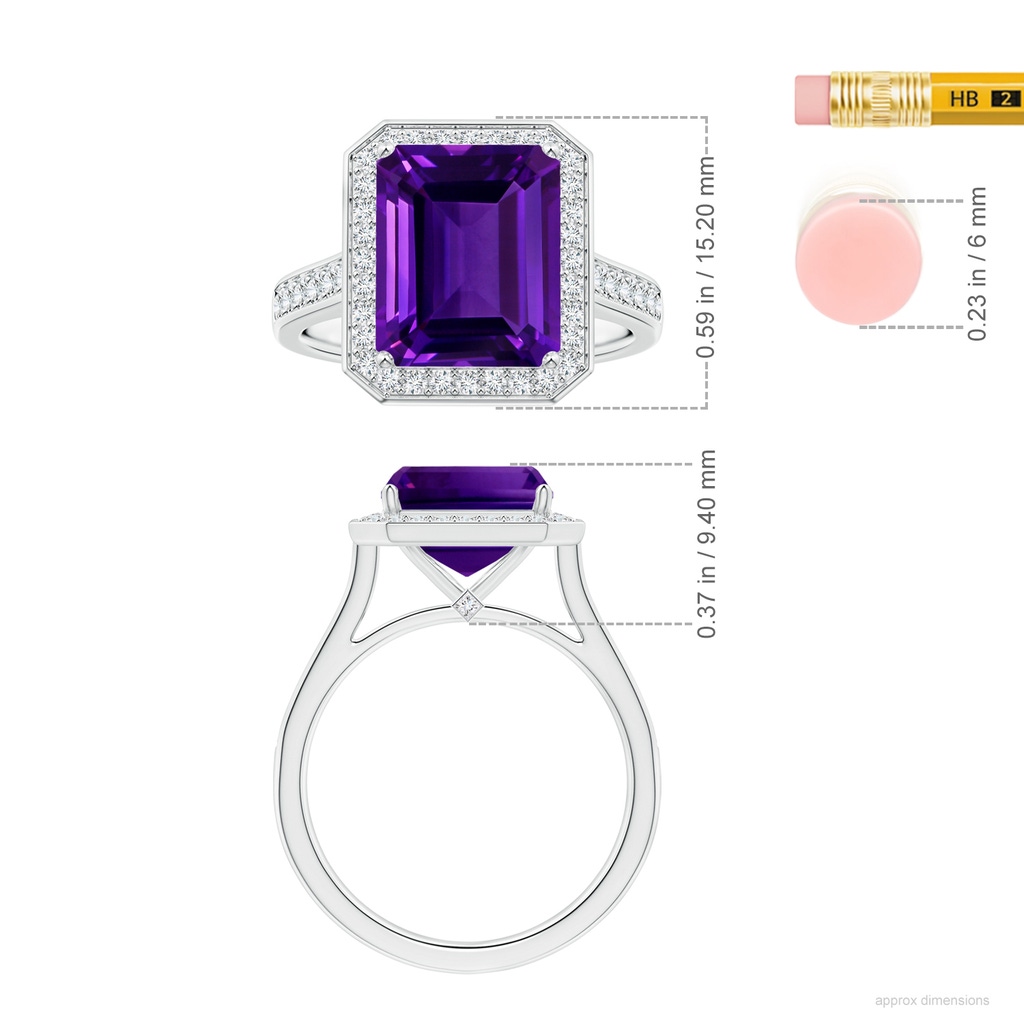 10.92x8.96x5.89mm AAAA Emerald-Cut GIA Certified Amethyst Halo Ring with Diamonds in White Gold ruler