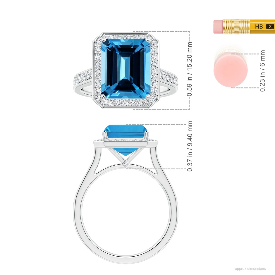 10.81x8.90x5.59mm AAA GIA Certified Emerald-Cut Swiss Blue Topaz Halo Ring with Diamonds in 18K White Gold ruler