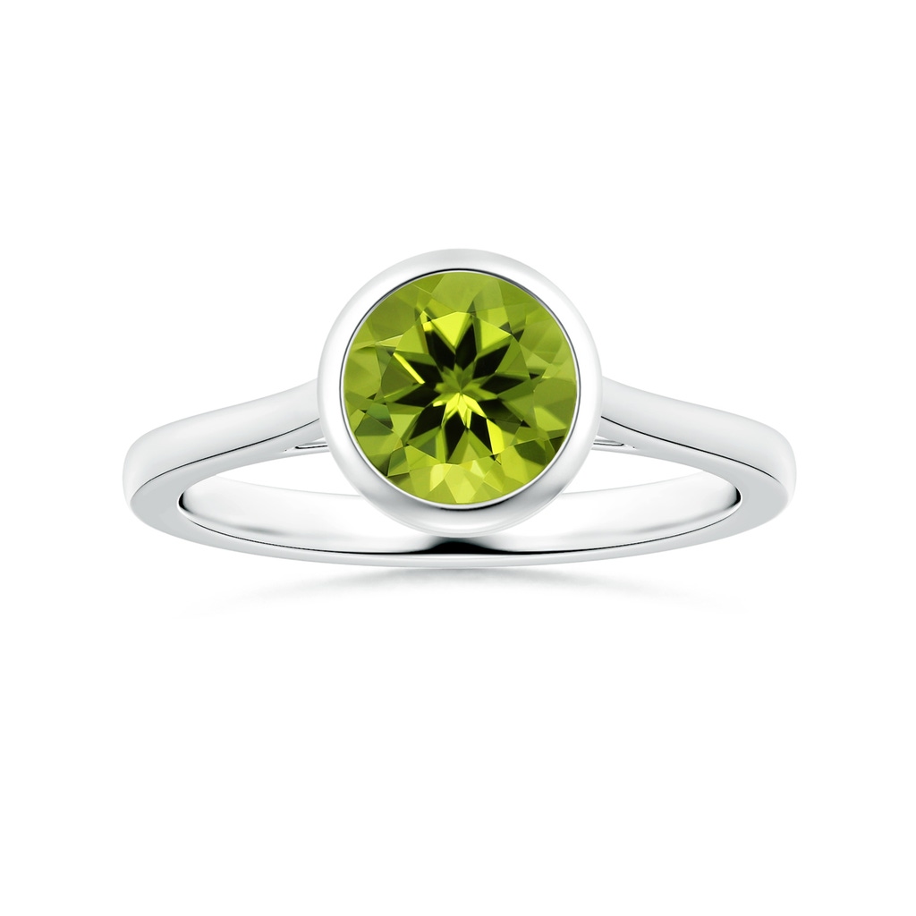 8.01x7.91x5.06mm AAAA Bezel-Set GIA Certified Solitaire Round Peridot Reverse Tapered Shank Ring in 18K White Gold