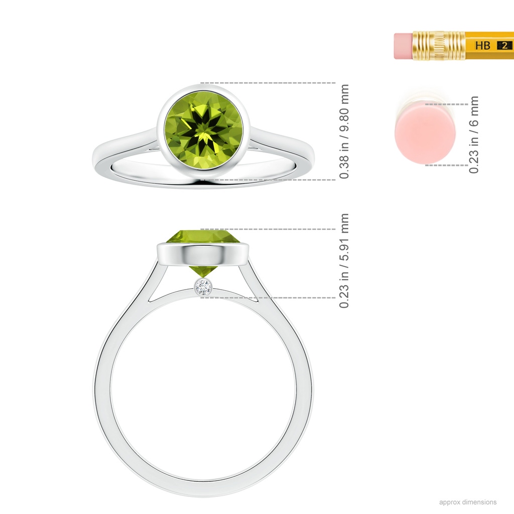 8.01x7.91x5.06mm AAAA Bezel-Set GIA Certified Solitaire Round Peridot Reverse Tapered Shank Ring in P950 Platinum ruler