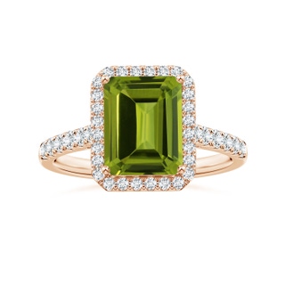 9.06x7.08x4.35mm AAA GIA Certified Emerald-Cut Peridot Halo Ring with Diamonds in 9K Rose Gold