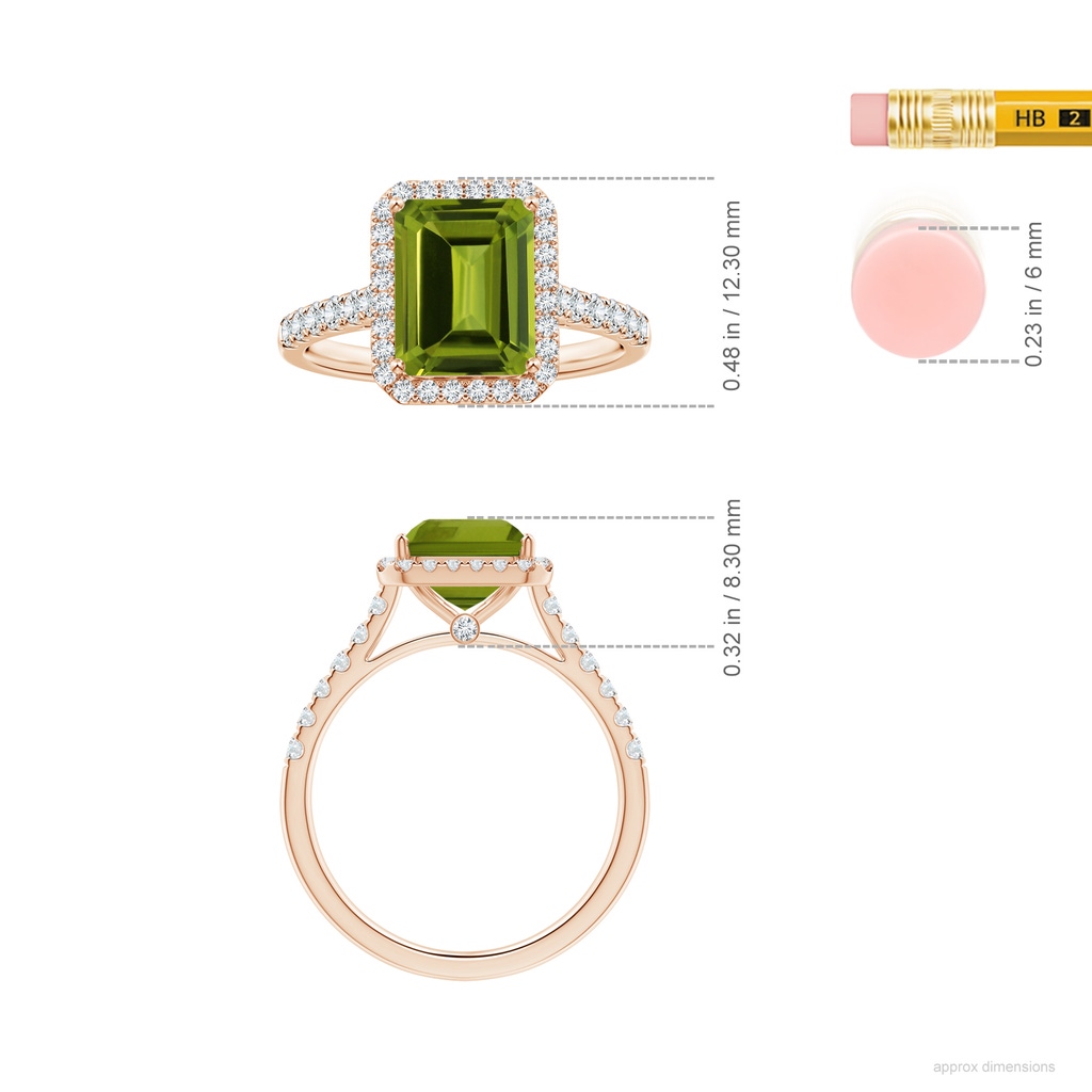9.06x7.08x4.35mm AAA GIA Certified Emerald-Cut Peridot Halo Ring with Diamonds in 9K Rose Gold ruler
