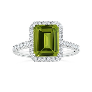 9.06x7.08x4.35mm AAA GIA Certified Emerald-Cut Peridot Halo Ring with Diamonds in P950 Platinum