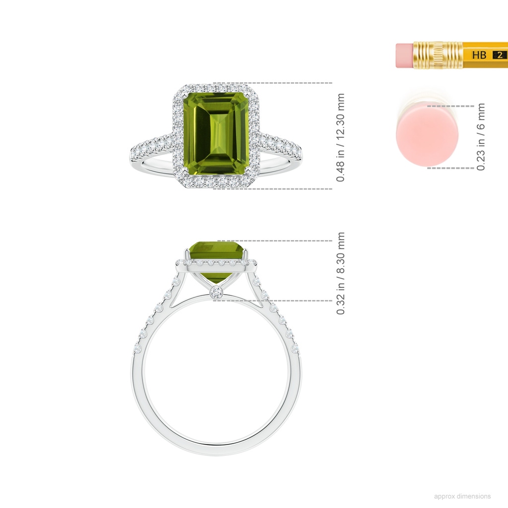 9.06x7.08x4.35mm AAA GIA Certified Emerald-Cut Peridot Halo Ring with Diamonds in White Gold ruler